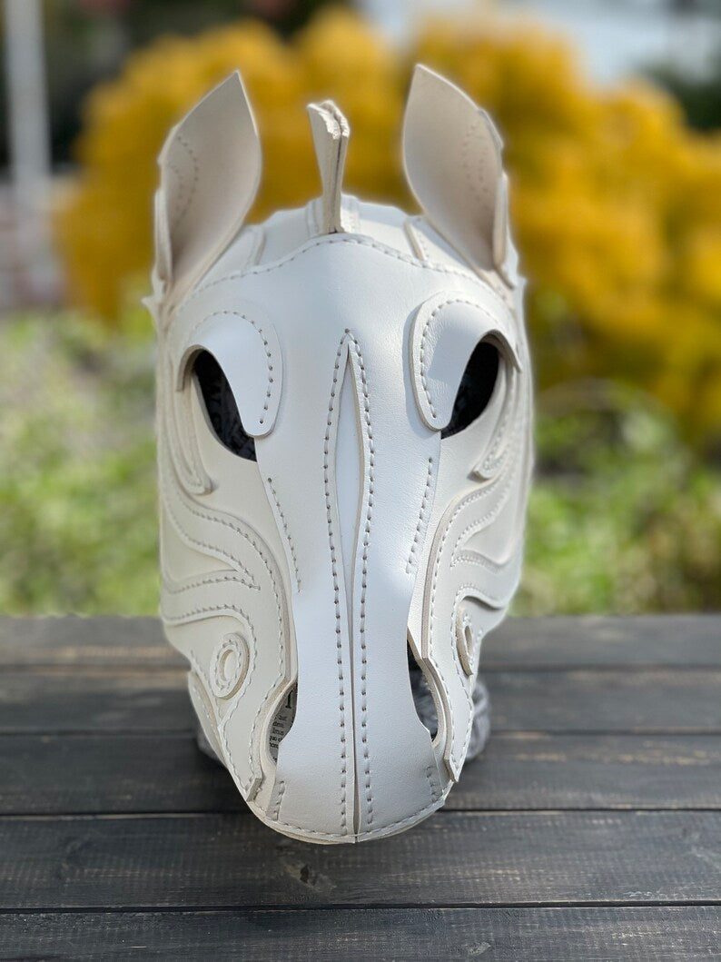 White Leather Horse Mask handmade, Pony play mask