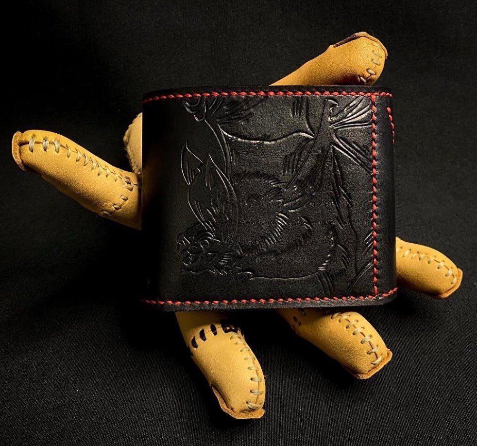 Carved Leather Wallet with Bat Engraving, Black Dracula Bat Wings Wallet