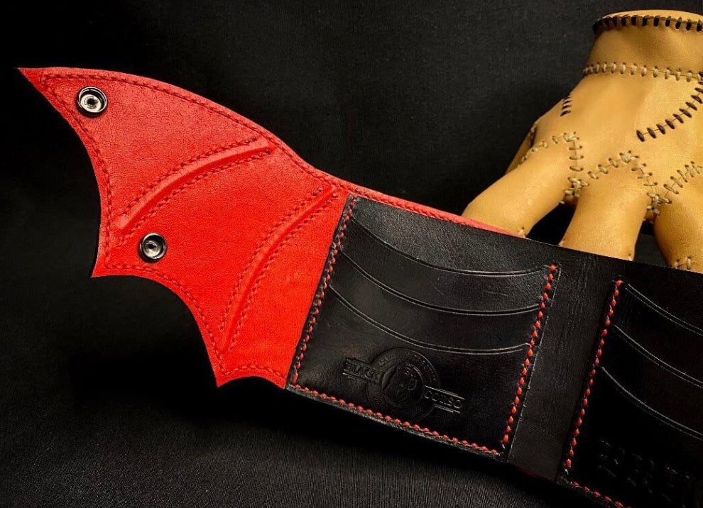 Carved Leather Wallet with Bat Engraving, Black Dracula Bat Wings Wallet