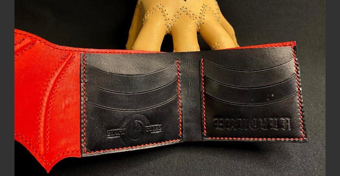Carved Leather Wallet with Bat Engraving, Black Dracula Bat Wings Wallet
