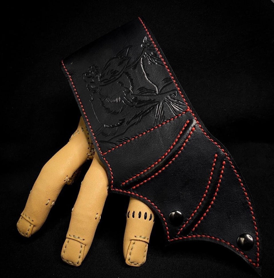 Carved Leather Wallet with Bat Engraving, Black Dracula Bat Wings Wallet